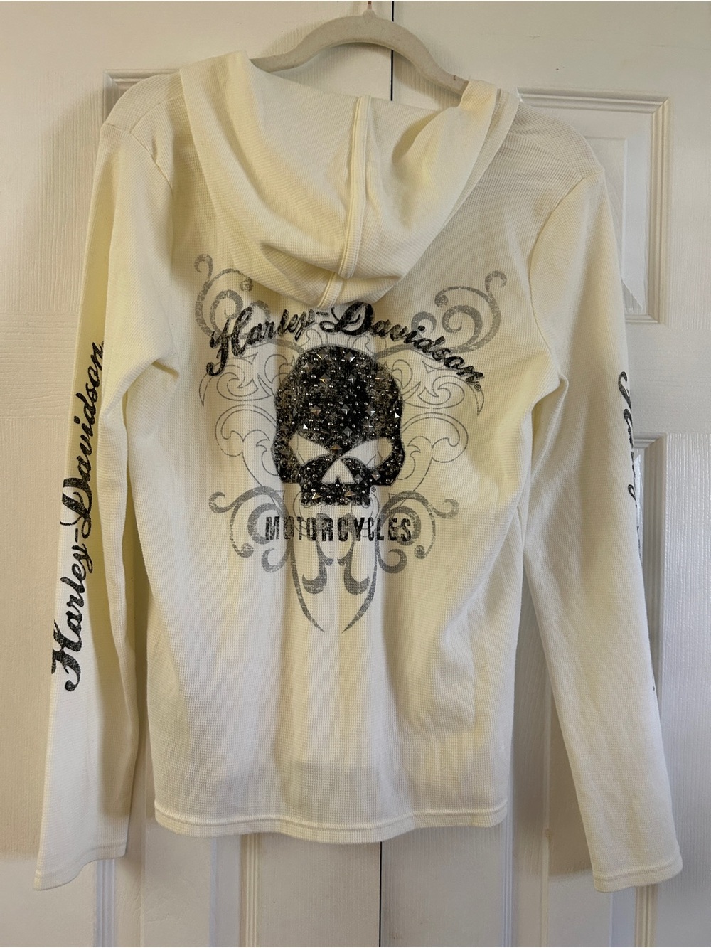 Y2K Harley Davidson Waffle Knit Lace Up Hoodie Gothic Skull Henley Cream Top L